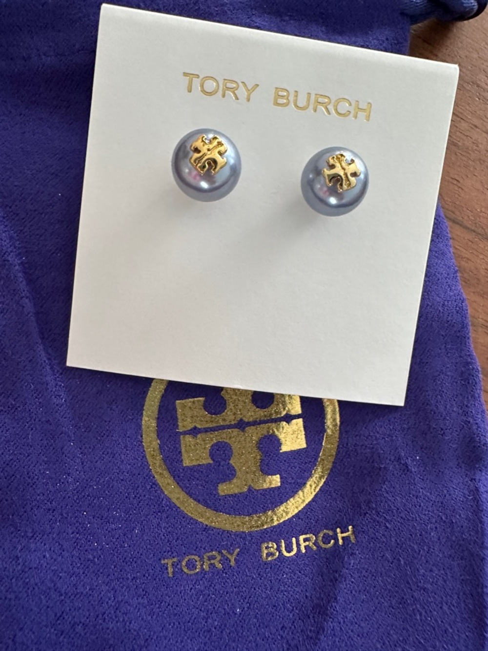 Tory Burch Lavender Pearl Stud Earrings with Gold Logo